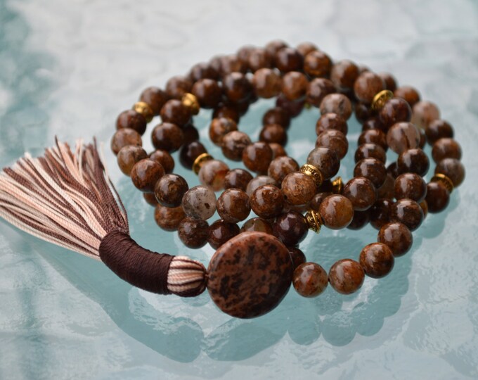 Picture Jasper Sterling Silver Mala Beads Necklace, Quit Smoking, Clear toxins, Stimulates Immune system, Overcome Fear, connecting to earth