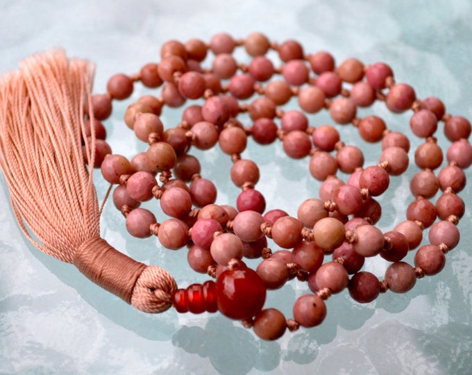 6 mm  Pink Rhodonite Hand Knotted Mala Beads Necklace - Compassion, Emotional Healer,Forgiveness,Release of Fear, Rhodonite Jewelry,