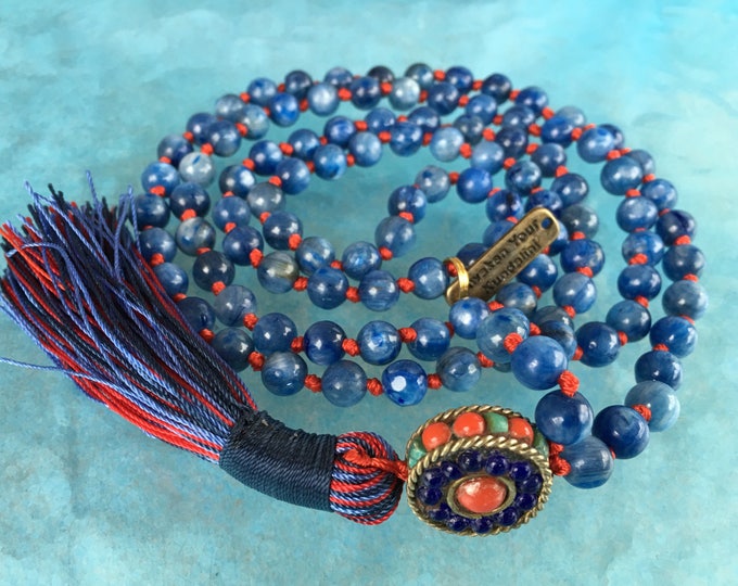 7 mm AAA Grade Kyanite Mala Beads Necklace, kyanite Jewelry, Kyanite knotted Healing Mala Beads, Energized 108 Genuine Kyanite Gemstone Mala