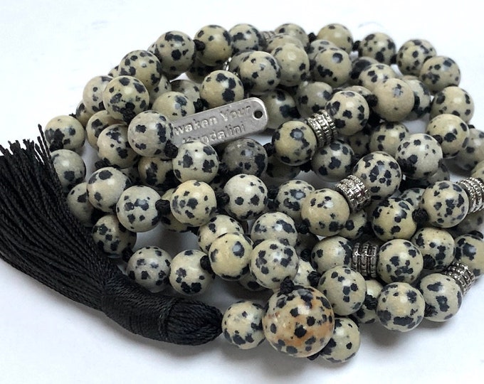 Black Beaded Dalmatian Jasper Mala Necklace / 108 Beads Mala Necklace / Black Gray Statement Choker / Layering Necklace / Bohemian Necklace