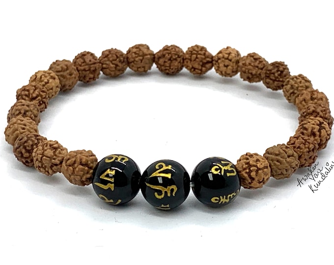 Rudraksha Mala Beads Bracelet, Om Mani Padme Hum Small Shiva Tears: Genuine Rudraksha , Rudrakash Bracelet, Natural Indian Rudraksha Jewelry