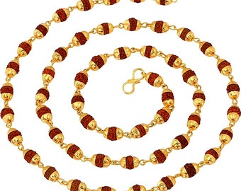 Rudraksh Beads, Rudraksha Mala Beads Necklace with Golden caps links -Energized Karma Nirvana Meditation 6 mm Awakening Chakra Kundalini