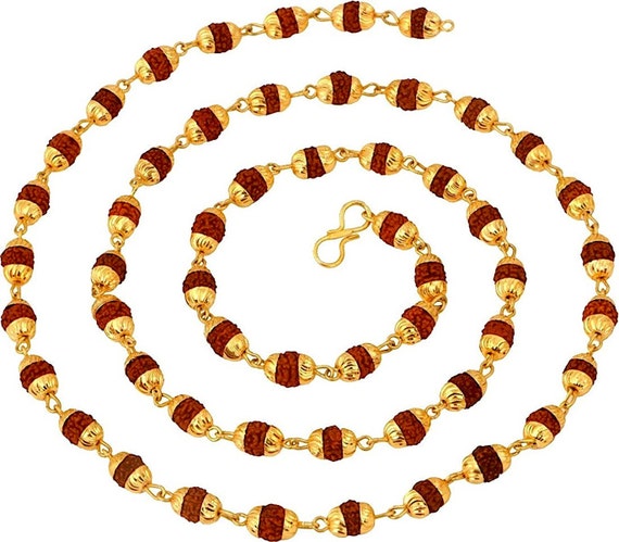 Rudraksh Beads, Rudraksha Mala Beads Necklace with Golden caps links -Energized Karma Nirvana Meditation 6 mm Awakening Chakra Kundalini
