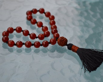 Rudraksh and Carnelian Pocket Mala, Carnelian Quarter Mala Beads - Positive Energy, Guards against Negative vibes, Poverty, Calms the temper