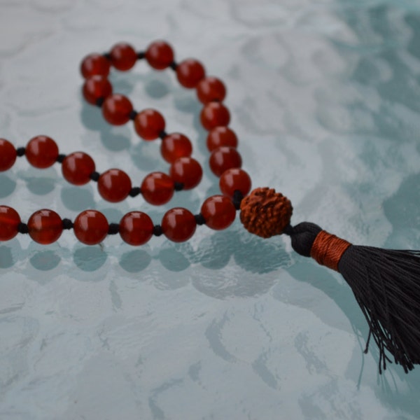 Rudraksh and Carnelian Pocket Mala, Carnelian Quarter Mala Beads - Positive Energy, Guards against Negative vibes, Poverty, Calms the temper