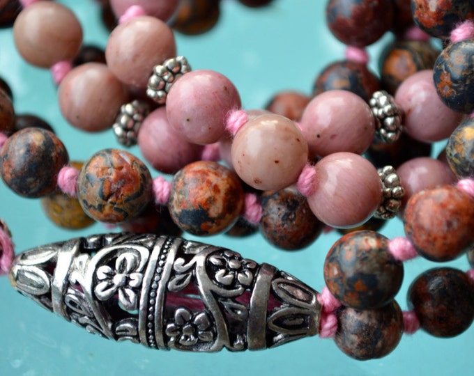 Rhodonite & Jasper Hand Knotted Bhakti Mala Beads Necklace - Energized Karma Nirvana Meditation 8mm Prayer Beads For Awakening Chakra