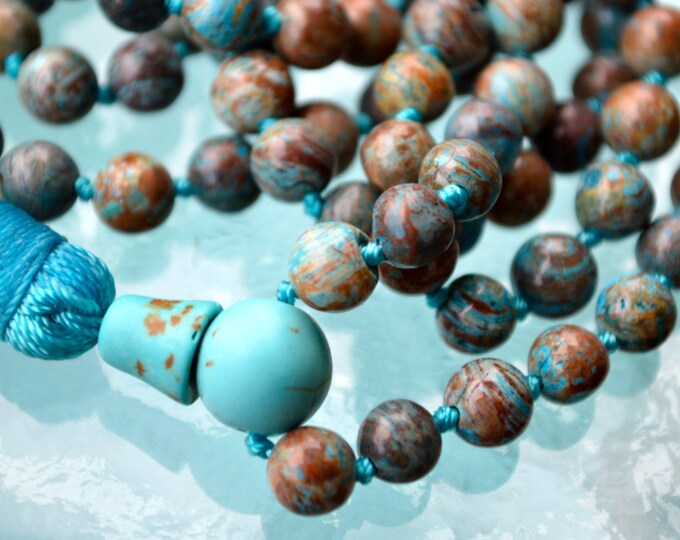 Rare Fossil beads & Turquoise Hand Knotted Mala Beads Necklace - Karma Nirvana Meditation 6MM Prayer Beads For Chanting and Awakening Ch