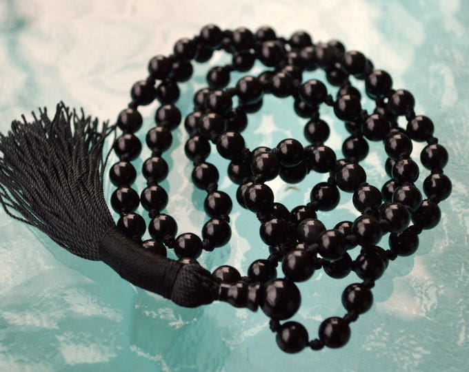 108 knotted Black Tourmaline Mala Prayer Beads Necklace  Multi Color, Semi Precious, Meditation Yoga, Spiritual Chakra Jewelry, Tassel Neckl