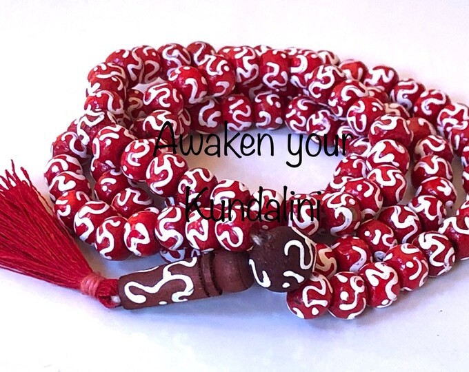 Om Aum Bhuddist Prayer Beads Handmade Japa Mala  Beads Necklace || Aum Om Embossed Wooden Rosary mala || Red Black Turquoise Aum 108+1 Beads