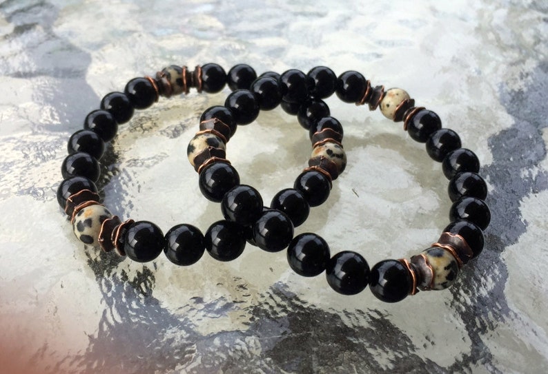 Black Onyx Dalmatian Jasper Wrist Mala Beads Healing Bracelet For Courage Determination Rejuvenation & Fights Depression Negative Ener image 1