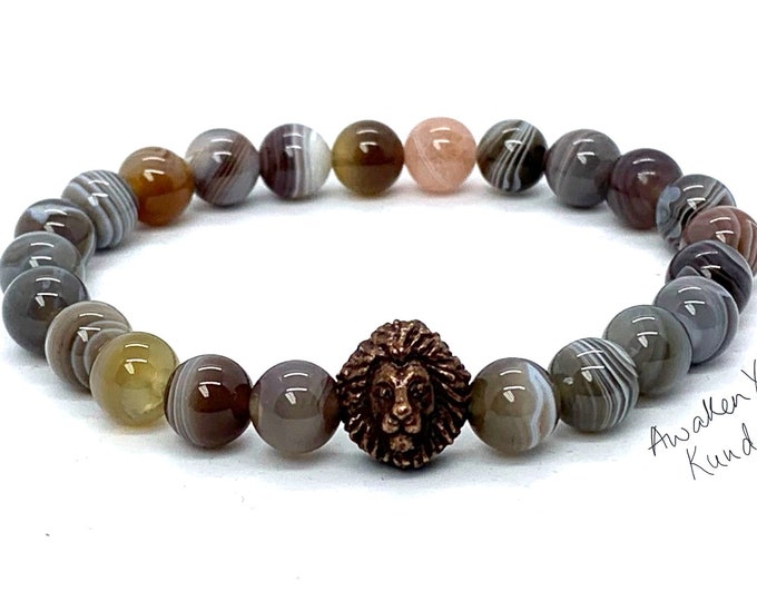 mens bracelet lion bracelet beaded bracelet african bracelet dark brown bracelet men jewelry gift for husband Energy Bracelet stone animal