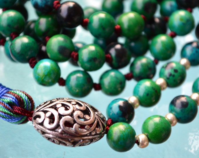 Chrysocolla Green & Blue Hand Knotted Mala Beads Necklace - Energized Karma Nirvana Meditation 8mm 108 Prayer Beads For Awakening Kundal
