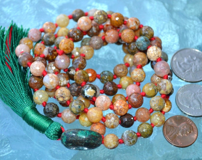 Chalcedony Faceted Natural Rainbow Agate Buddhist Mala Beads Protection from Bad Dreams, Stress, Energy drains, Gyneo problems, Pregnancy