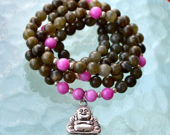 Sale - Christmas 108 Buddha Mala Beads, Mantra Beads, 8 mm Power Stone Labradorite and Pink Jade Mala to Stimulate Imagination, Enthusiasm &