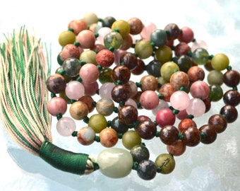 Heart Chakra Mala Rose Quartz Bronzite Serpentine Moss Agate Rhodonite w/ Sterling Silver Spacers for love Forgiveness Compassion Insomnia