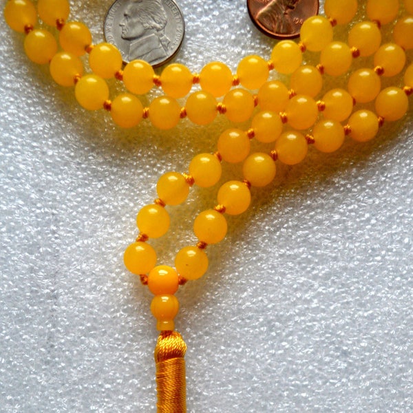 Yellow Jade Hand Knotted Yoga Mala Beads Necklace - Energized Karma Nirvana, Meditation 8mm 108 Prayer Beads For Awakening Chakra Kundalini