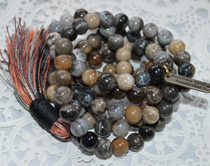 AAA Grade 8 mm Knotted Petrified wood Kundalini Mala beads, Petrified Wood Prayer beads, 108 Mala beads, Petrified Wood Yoga Jewelry,Buddhis