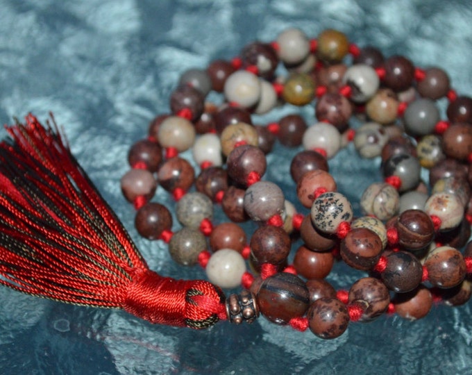 108 Moss Jasper Knotted Chalcedony Mala Beads Necklace - Harmony in relationships, Protection, Empowerment, Warding off ill habits, Insomnia