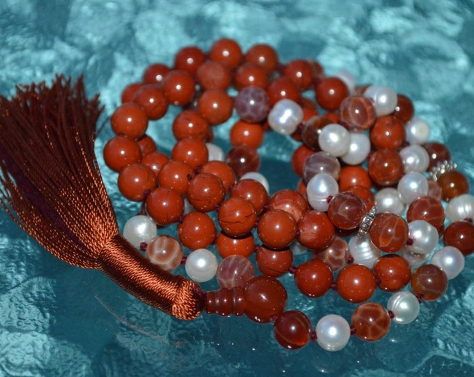 Jasper Mala Necklace Pearl Fire Agate japa mala beads, knotted tassel necklace, meditation tool, yoga gifts for her, 108 beads, Courage mala