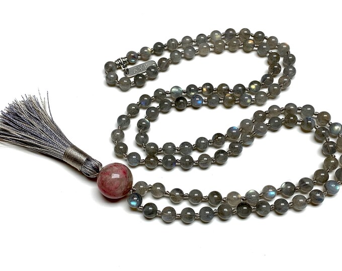 Natural AAAAA Grade Labradorite Hand knotted Mala Beads Necklace  Blessed Energized Karma Nirvana Meditation 108 Prayer Bea Healing crystals