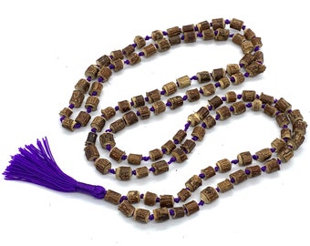 Natural Raw Tulsi Holy Basil Knotted Mala beads Necklace  || Tulsi Mala Bracelet  || Knotted Tulasi Mala in Purple string || Wood mala beads