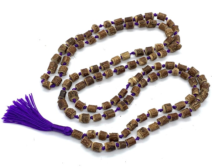 Natural Raw Tulsi Holy Basil Knotted Mala beads Necklace  || Tulsi Mala Bracelet  || Knotted Tulasi Mala in Purple string || Wood mala beads