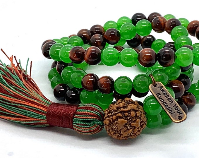 108 Green Jade 8mm Red Tiger Eye Handmade Tibetan Mala Beads, Meditation Mala, Buddhist Rosay - Nirvana, Chakra Healing, Harmony, Stability