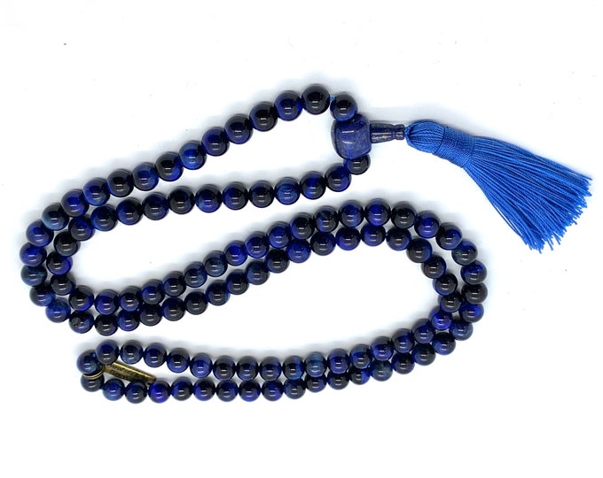 Blue Tiger Eye Bead Necklace, Blue Tiger Beaded Mala, Hawk's Eye Jewelry Gifts for him Men Women