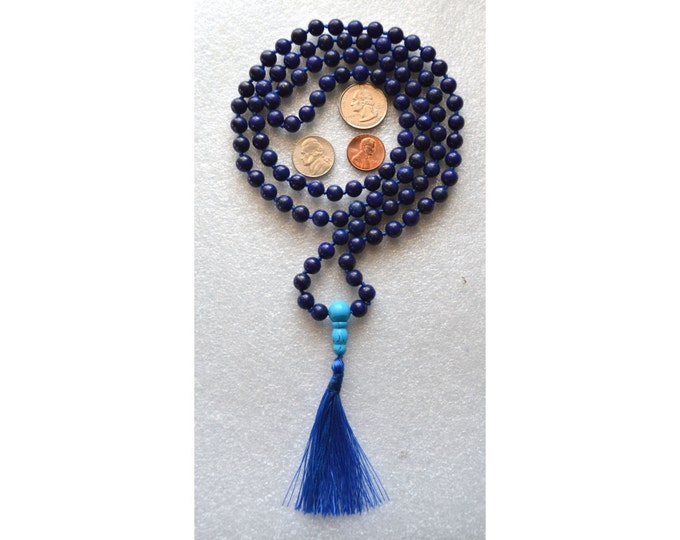 Blue Lapis Lazuli Mala Bead Hand Knotted Long Necklace Mala for Women Men