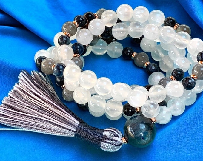 Energized Selenite Mala Necklace Blue Kyanite Labradorite Mala Beads Soul Chakra Crown Chakra Crystals Psychic Ability Telepathy AAA Grade