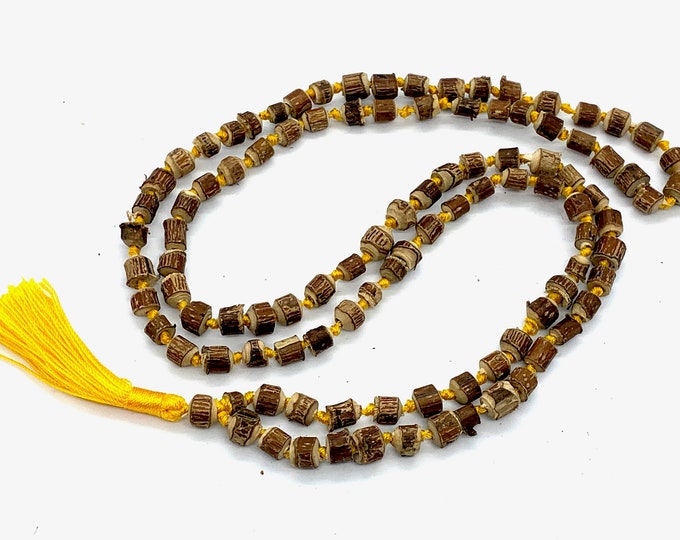 Natural Raw Tulsi Holy Basil Knotted Mala beads Necklace  || Tulsi Mala Bracelet  || Knotted Tulasi Mala in Yellow string || Wood mala beads