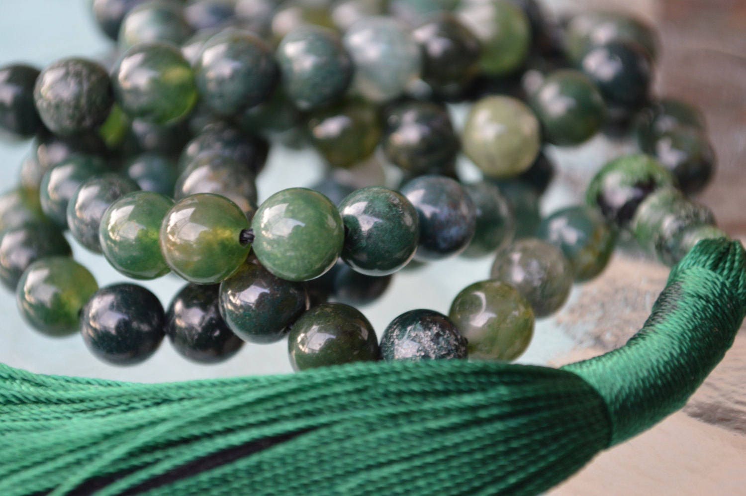 Heart Chakra Green Moss Agate Mala 8mm 108 Bead Necklace Unconditional
