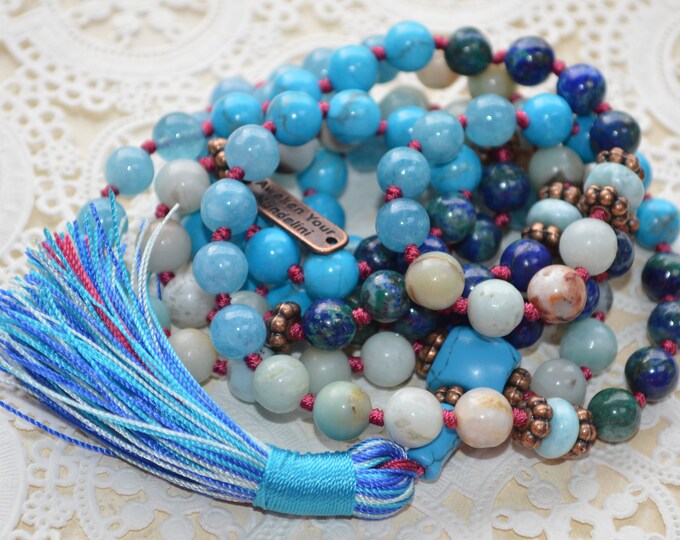 Throat Chakra Mala Beads Necklace, 7 Chakra Tassel Necklace,108 Beads Healing Mala, Prayer Beads Necklace, Meditation Spiritual Protection