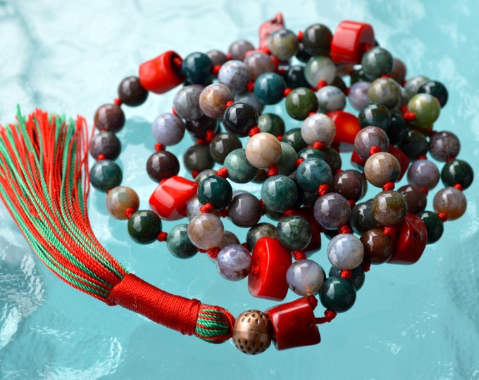 Indian Agate & Bamboo Red Coral Hand Knotted Nirvana Mala Beads Necklace - Attracts Love, Protects Against Misfortune, Creativity, Memor