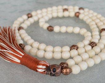 Yak bone Mala Beads Skull Necklace ethnic tribal necklace bone jewelry yak bone mala Tibetan Lungta Mala necklace handmade carved bone beads