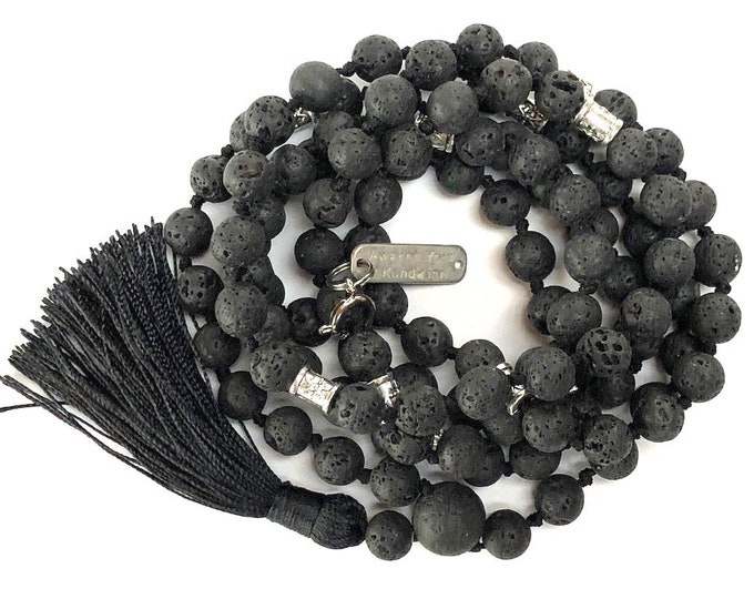 Basalt Lava Prayer Beads, 108 Mala Necklace, Lava Stone Necklace, Knotted Necklace, Black Mala, Knotted Mala Beads, Yoga Jewelry, Kali Mala