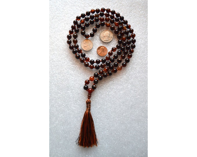 Natural Agate Hand Knotted Mala Beads Tassel Necklace - 108 Karma Yoga Prayer Beads For Protection, Courage & Success. Eliminates Bad Lu