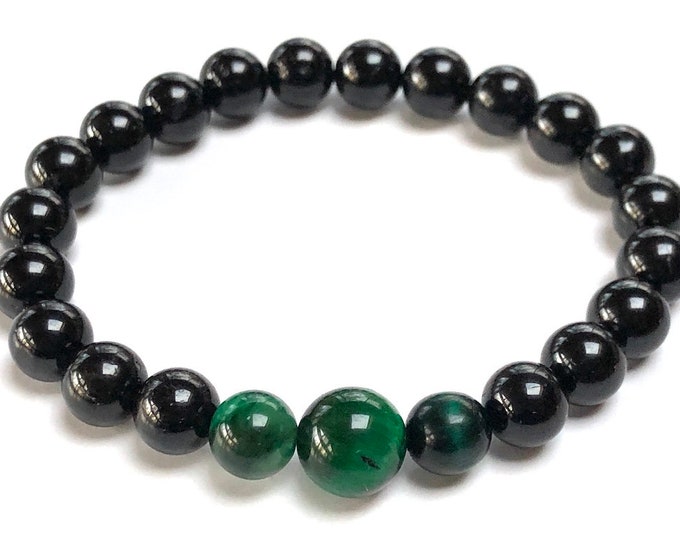 EMF Empath Protection Black Tourmaline Bracelet Green Tigers Eye and Tourmaline Wrist Mala Beads Bracelet Protection Bracelet Mens Jewelry