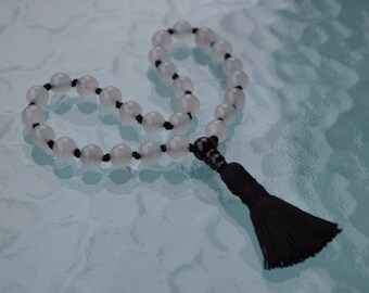 Black and White Onyx Hand Knotted Mala Beads Necklace-Emotional Protection Calming Sexual Tensions, Marital Disputes, Devotion, Root Chakra