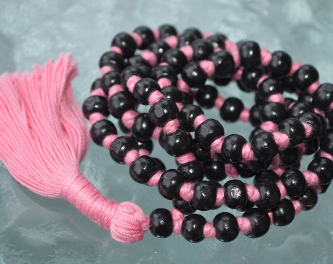 Pink and Black Wooden Beads Hand Knotted Mala Necklace - Blessed Karma Nirvana Meditation 8mm Prayer Bead For Awakening Chakra Kundalini