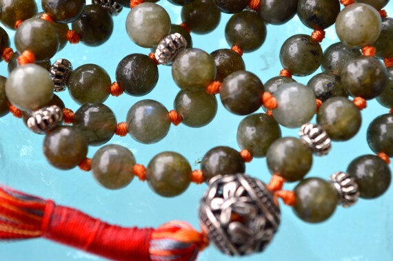 Labradorite Hand Knotted Tassel Japa Mala Beads Necklace - 8 mm 108 Power Stones to Stimulate Imagination, Enthusiasm, New Ideas & Chant