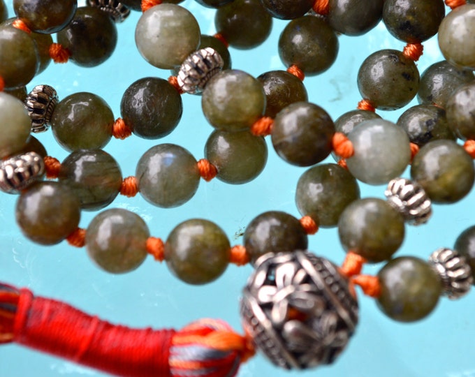 Labradorite Hand Knotted Tassel Japa Mala Beads Necklace - 8 mm 108 Power Stones to Stimulate Imagination, Enthusiasm, New Ideas & Chant