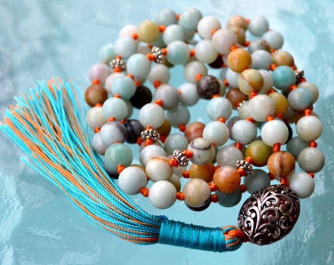 Blue Amazonite Hand Knotted Mala Beads Necklace - Energized Karma Nirvana Meditation 8mm Prayer Beads For Chanting Mantra Awakening Chakra