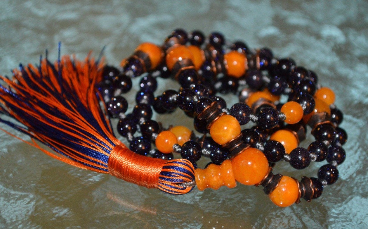 Handmade Knotted Sparkling Blue Goldstone 108 Mala Beads