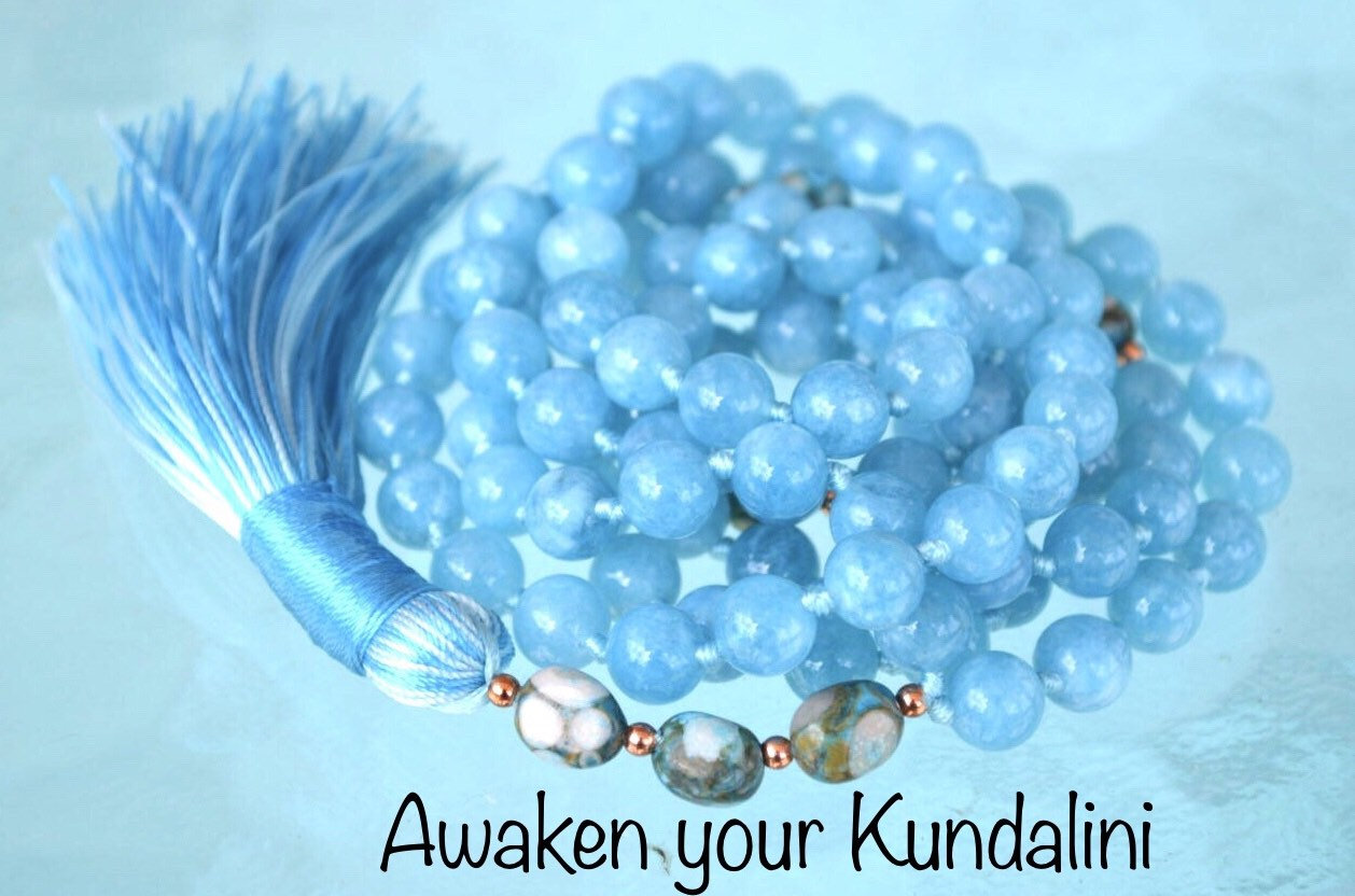 108 Beads Blue Aquamarine Necklace Knotted Prayer Mala Yoga Jewelry ...
