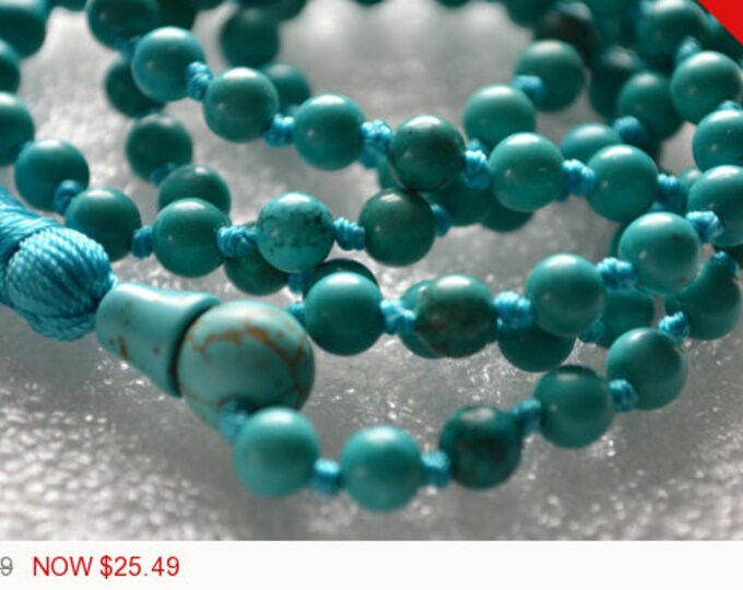 108 Turquoise Hand Knotted Mala Beads Necklace - Energized Karma Nirvana Meditation 6 mm Prayer Beads For Awakening Chakra Kundalini