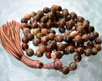 Detox Mala, Stimulates Solar plexus Heart & Throat chakra Ocean Jasper 108 Hand Knotted Joy Mala Beads love Forgiveness Trust Thyroid Ec