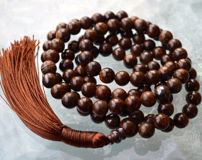 Genuine Brown Bronzite Mala, 108 Brown Unisex Mala Beads Necklace, Helps when Overwhelmed & Powerless Psychic Protection Sexuality Intim