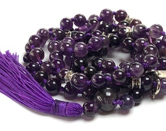 Sixth Chakra, Third Eye Chakra, 108 Amethyst Healing Mala Beads Psychic Ability, Meditation, Telepathy, Astral Travel, Visions, Intuition,