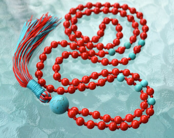 Red Coral Turquoise Hand Knotted Mala 108 Beads Necklace - Energized Karma, Nirvana, Meditation, 6mm Prayer Beads, For Awakening Chakra